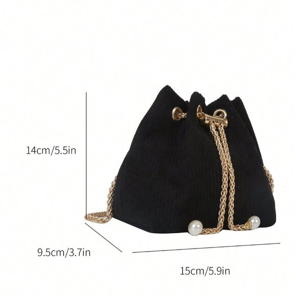 Black Fashionable Women's Chain & Faux Pearl Decor Bucket Bag Polyester - Picture 6 of 6